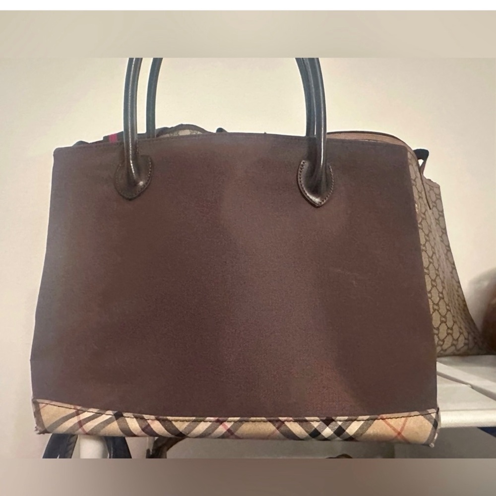 Burberry Brown Canvas Tote with Check Accent